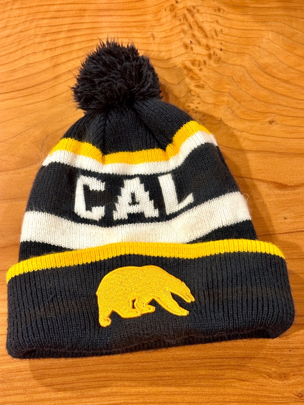 Cal Berkeley Golden Bears Pom Beanie Hat Navy Blue Yellow Stripe Knit Cuffed UCB